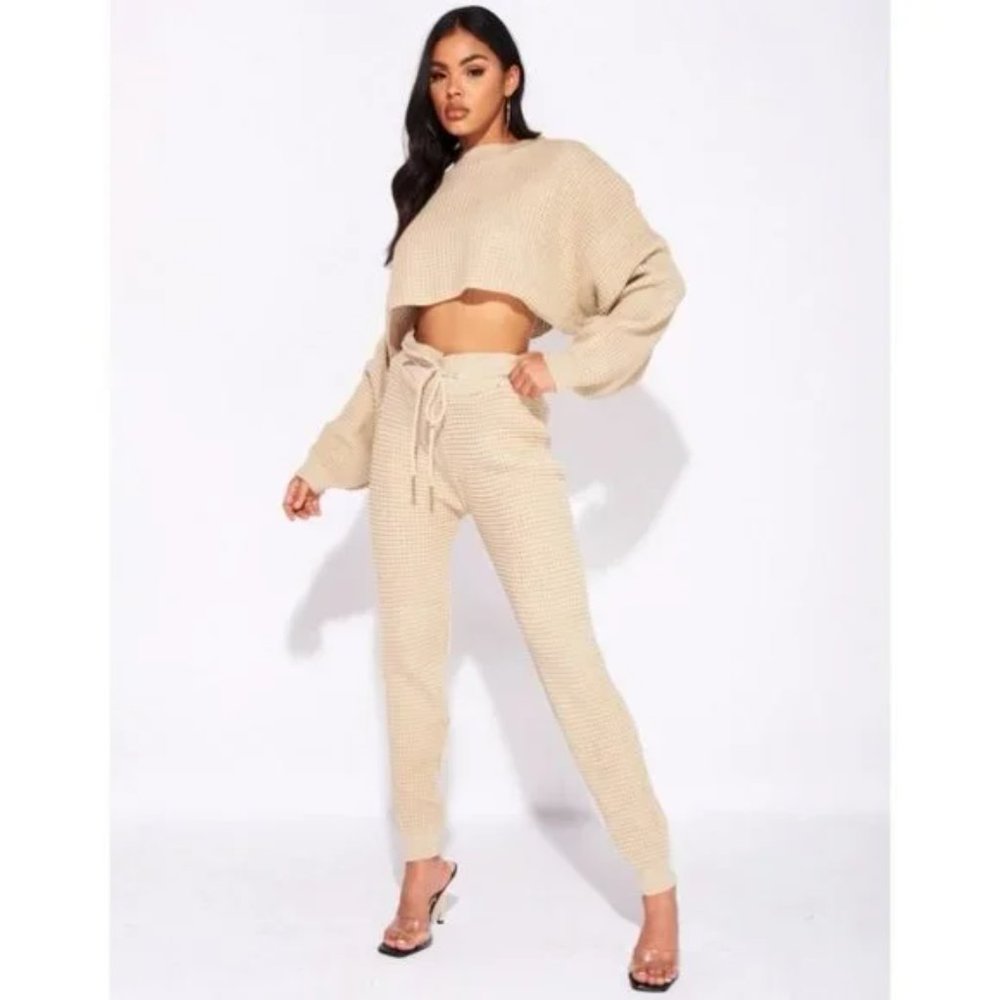 Beige Knitted Long Sleeve Sweater Crop Top and High Waist Pants Two Piece Set - Picture 11 of 17